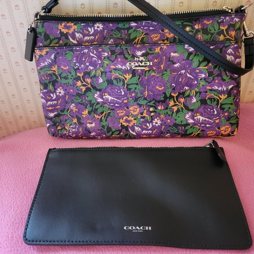 NWOT Coach double zip purple floral pouch